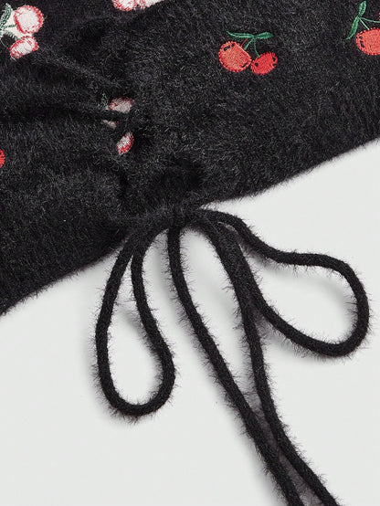 ROMWE Kawaii Top De Punto Para Mujeres Con Estampado Dulce De Cereza Bordado En La Parte Superior, Con Correas De Atar Estilo Halter