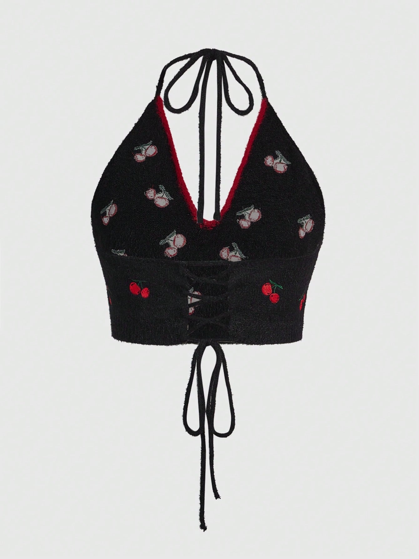 ROMWE Kawaii Top De Punto Para Mujeres Con Estampado Dulce De Cereza Bordado En La Parte Superior, Con Correas De Atar Estilo Halter