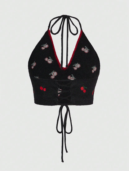 ROMWE Kawaii Top De Punto Para Mujeres Con Estampado Dulce De Cereza Bordado En La Parte Superior, Con Correas De Atar Estilo Halter