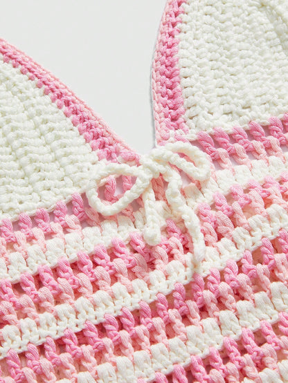 ROMWE Kawaii Top corto de punto con espalda abierta, volante y lazo, lindo y dulce, para verano y playa