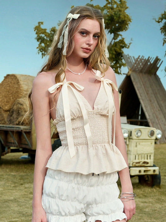 ROMWE Kawaii Top de mujer tipo halter de estilo vintage casual con volantes, cintura ceñida y decoración de lazo minimalista y sexy