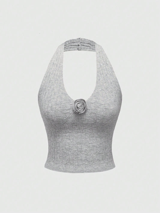 ROMWE Kawaii Top de punto con decoración floral 3D de color liso y efecto halter para mujer