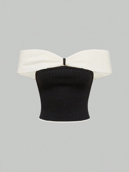 ROMWE Kawaii Top de punto con hombros descubiertos y diseño de mariposa para mujer