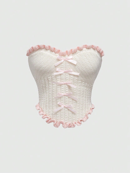 ROMWE Kawaii Top de punto corto con ribete de volantes