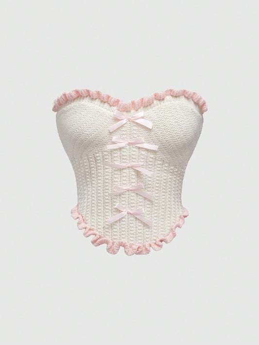 ROMWE Kawaii Top de punto corto con ribete de volantes