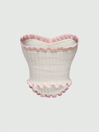 ROMWE Kawaii Top de punto corto con ribete de volantes