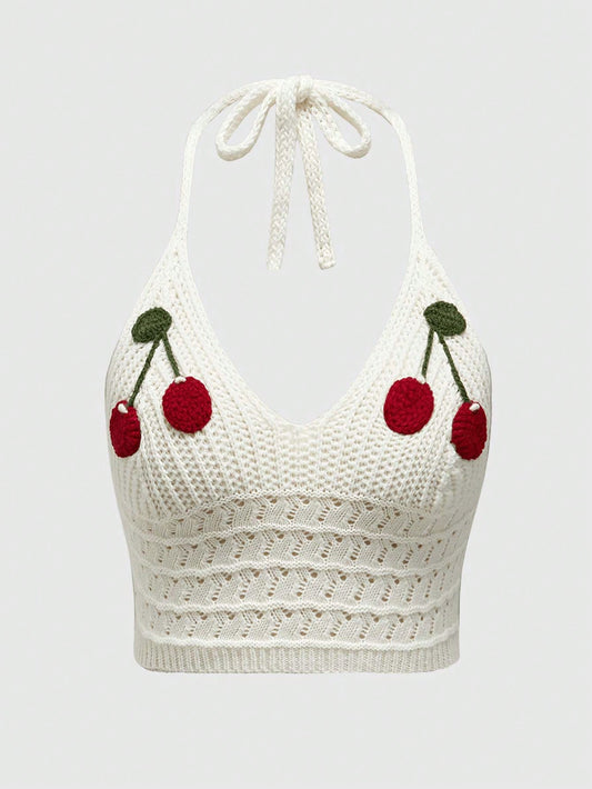 ROMWE Kawaii Top de punto de verano para mujer con estampado de cerezas y cuello halter