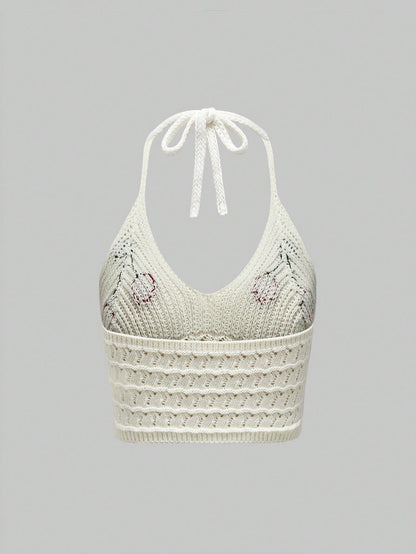 ROMWE Kawaii Top de punto de verano para mujer con estampado de cerezas y cuello halter