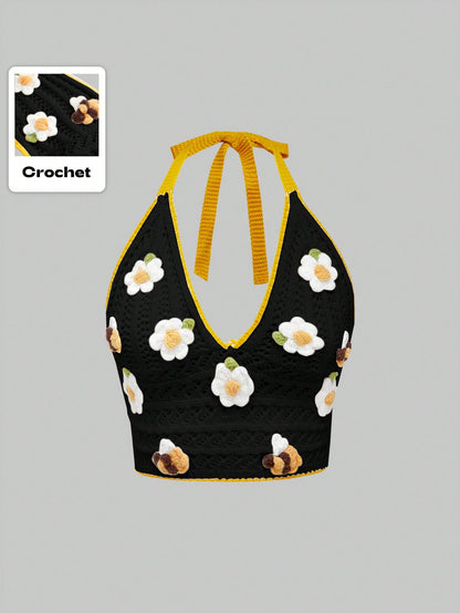 ROMWE Kawaii Top de punto sin mangas con contraste de bordado floral para mujer