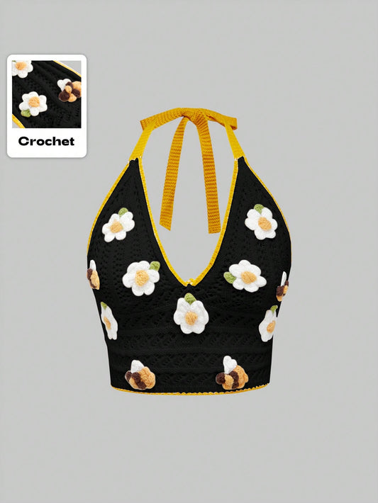 ROMWE Kawaii Top de punto sin mangas con contraste de bordado floral para mujer