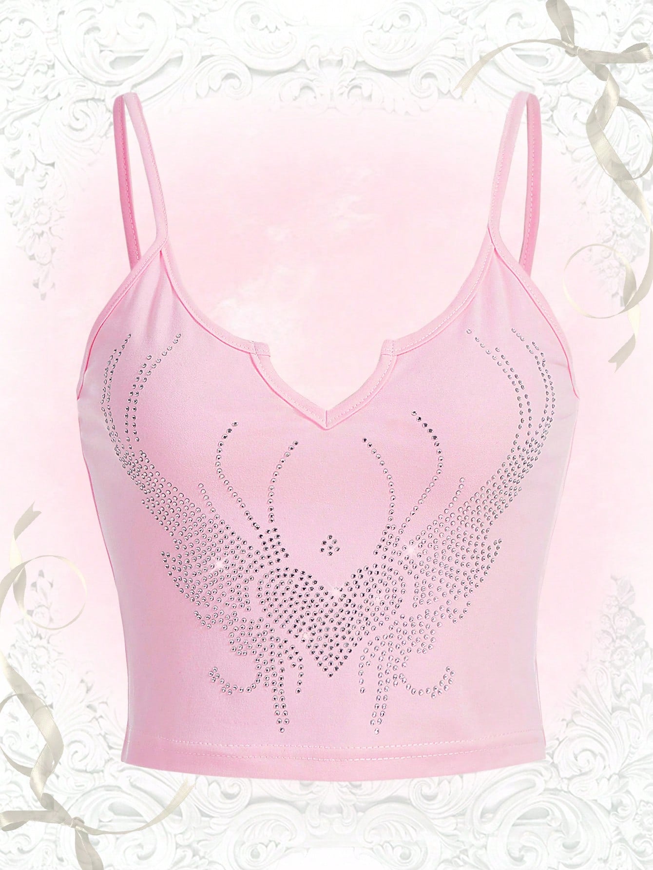 ROMWE Kawaii Top de tirantes con diamante de imitación con patrón de corazón