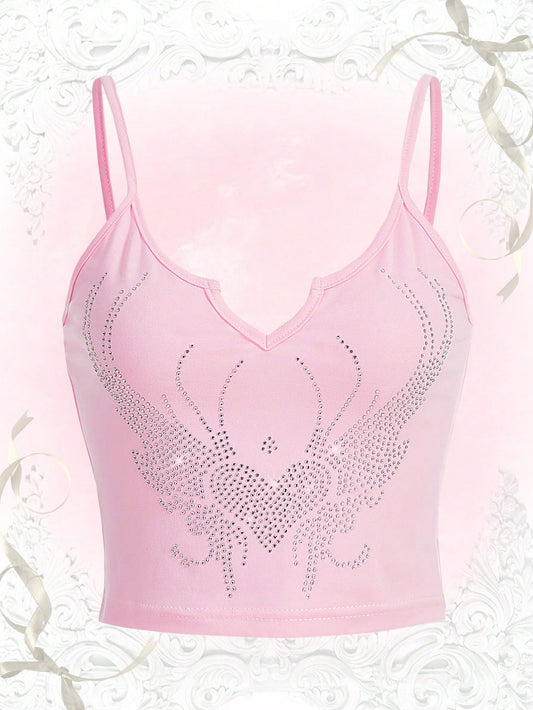 ROMWE Kawaii Top de tirantes con diamante de imitación con patrón de corazón
