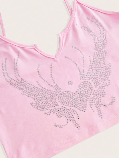 ROMWE Kawaii Top de tirantes con diamante de imitación con patrón de corazón