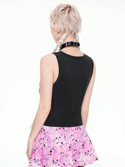 ROMWE Kawaii Top de tirantes con gráfico "Weird Girl" estampado de gatos para mujer