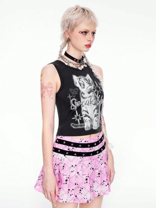 ROMWE Kawaii Top de tirantes con gráfico "Weird Girl" estampado de gatos para mujer