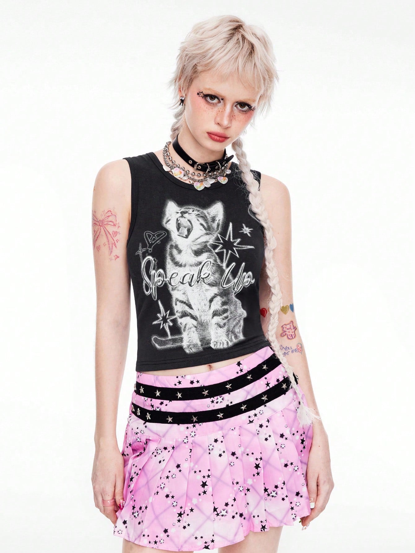 ROMWE Kawaii Top de tirantes con gráfico "Weird Girl" estampado de gatos para mujer