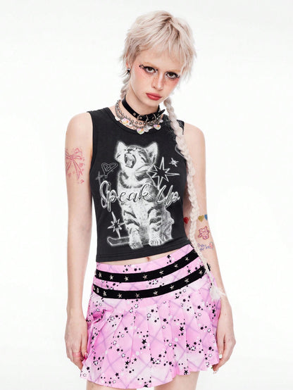 ROMWE Kawaii Top de tirantes con gráfico "Weird Girl" estampado de gatos para mujer