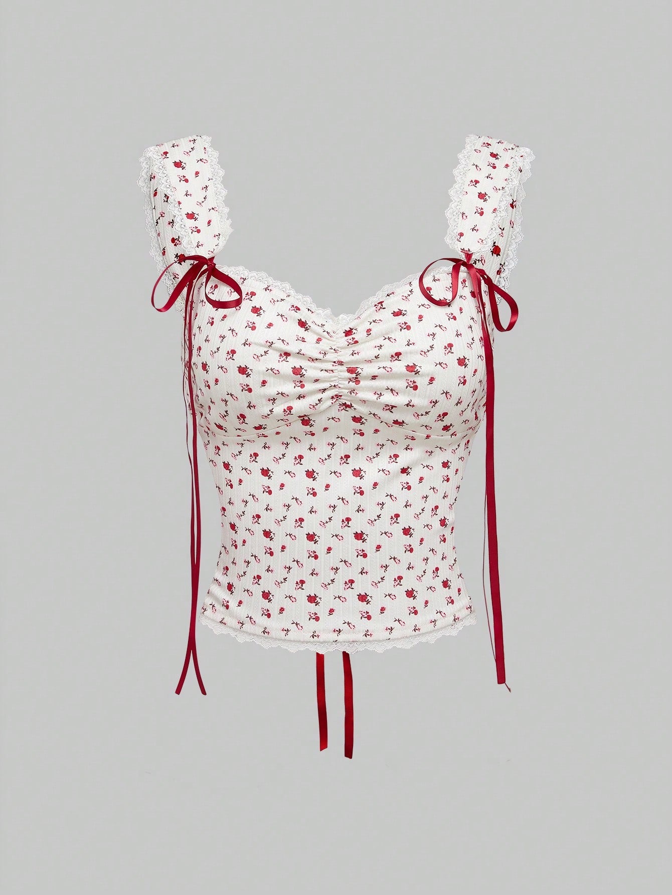 ROMWE Kawaii Top de tirantes estilo vintage con estampado floral y lazo en la espalda, elegante para el Día de San Valentín