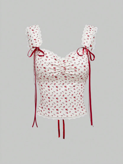 ROMWE Kawaii Top de tirantes estilo vintage con estampado floral y lazo en la espalda, elegante para el Día de San Valentín