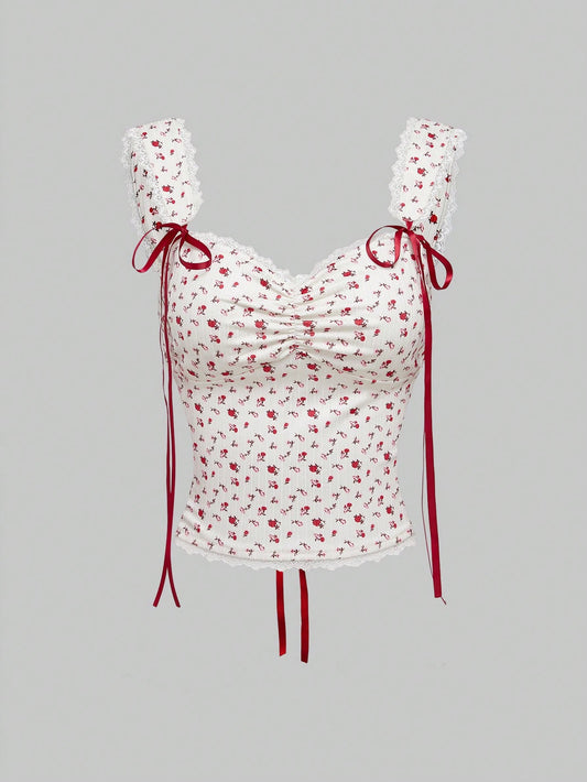 ROMWE Kawaii Top de tirantes estilo vintage con estampado floral y lazo en la espalda, elegante para el Día de San Valentín
