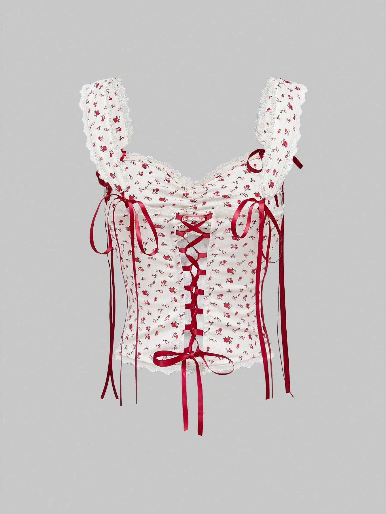 ROMWE Kawaii Top de tirantes estilo vintage con estampado floral y lazo en la espalda, elegante para el Día de San Valentín