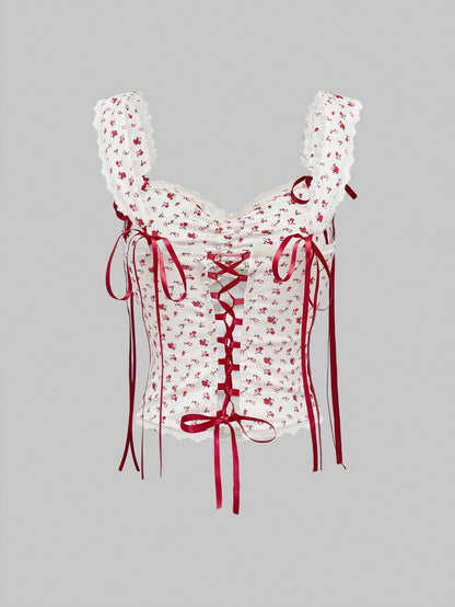 ROMWE Kawaii Top de tirantes estilo vintage con estampado floral y lazo en la espalda, elegante para el Día de San Valentín