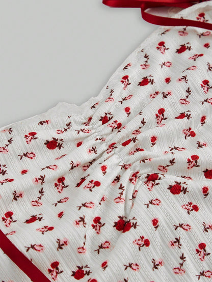 ROMWE Kawaii Top de tirantes estilo vintage con estampado floral y lazo en la espalda, elegante para el Día de San Valentín