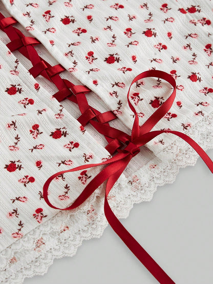 ROMWE Kawaii Top de tirantes estilo vintage con estampado floral y lazo en la espalda, elegante para el Día de San Valentín