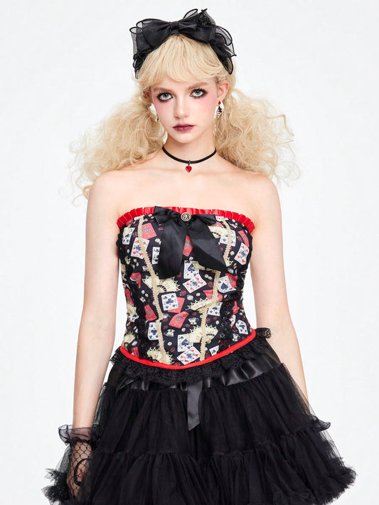 ROMWE Kawaii Top sin tirantes con diseño de bloques de color para mujer con decoración de lazo para verano