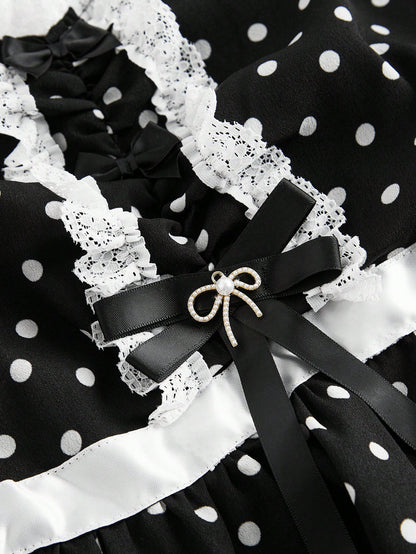 ROMWE Kawaii Top tipo camiseta de princesa con estampado de lunares y lazo para muñeca bebé