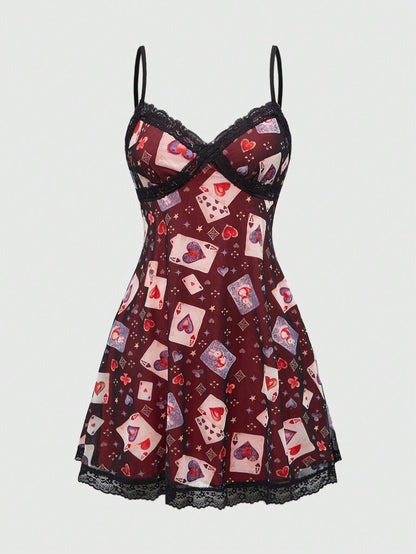 ROMWE Kawaii Vestido casual tipo cami para mujer con estampado aleatorio