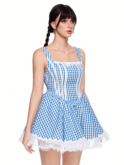 ROMWE Kawaii Vestido de disfraz de Halloween con parches de encaje y tirantes anchos para mujer