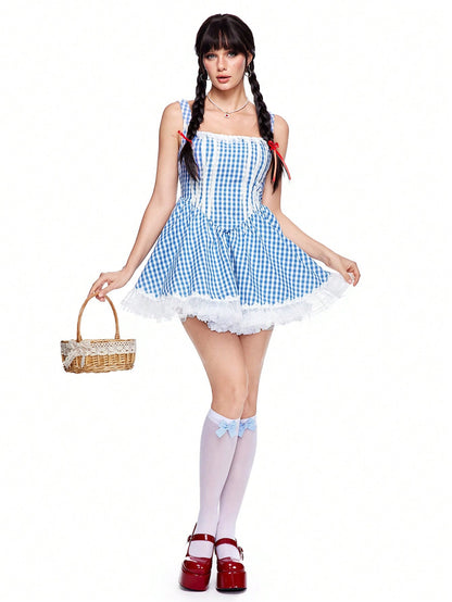 ROMWE Kawaii Vestido de disfraz de Halloween con parches de encaje y tirantes anchos para mujer
