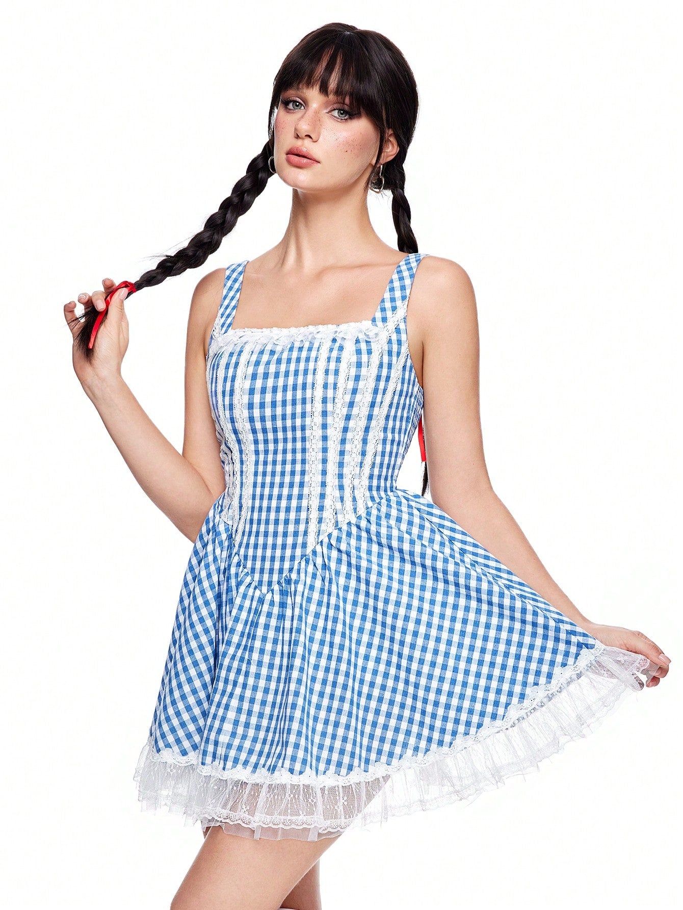 ROMWE Kawaii Vestido de disfraz de Halloween con parches de encaje y tirantes anchos para mujer