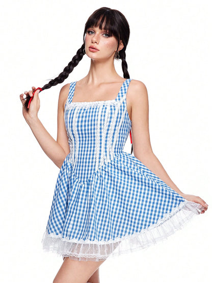 ROMWE Kawaii Vestido de disfraz de Halloween con parches de encaje y tirantes anchos para mujer