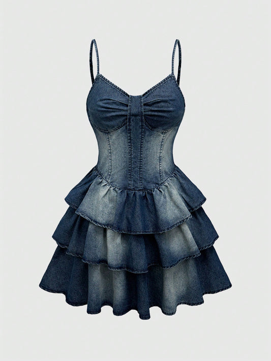 ROMWE Kawaii Vestido de mezclilla con capas tipo pastel con lazo, vestido sin mangas de color liso y adorable, para la escuela
