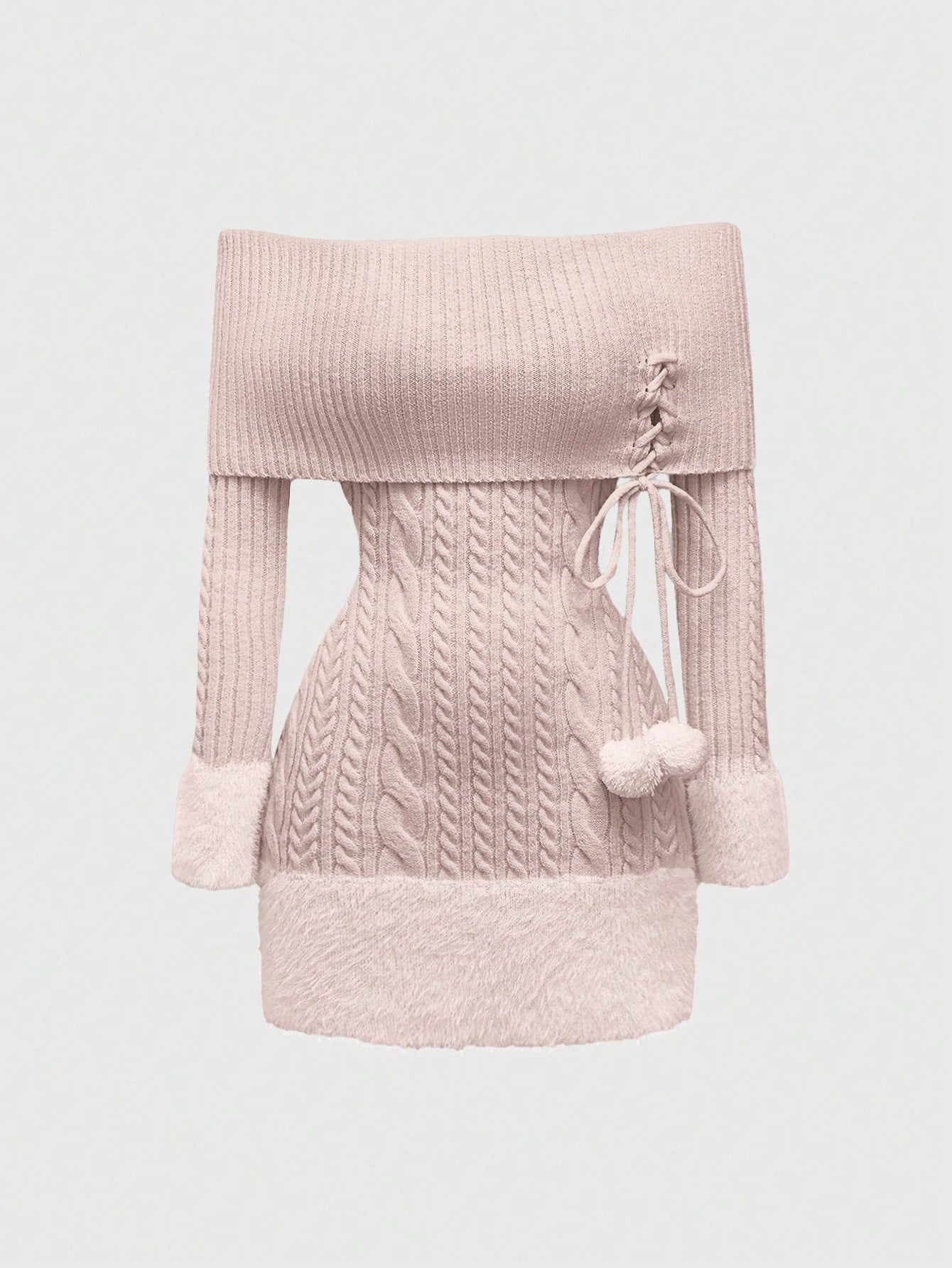 ROMWE Kawaii Vestido de suéter de mujer estilo Himekaji con parches de piel sintética, pompones y decoración colgante, con hombros descubiertos para el Día de San Valentín
