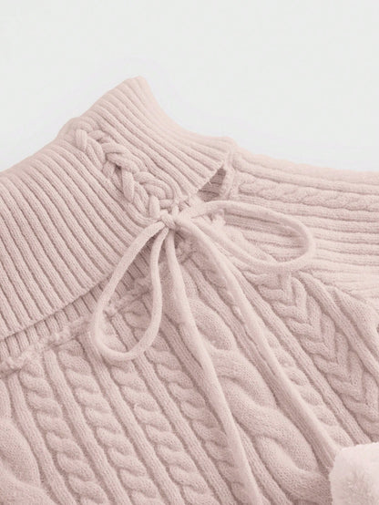 ROMWE Kawaii Vestido de suéter de mujer estilo Himekaji con parches de piel sintética, pompones y decoración colgante, con hombros descubiertos para el Día de San Valentín