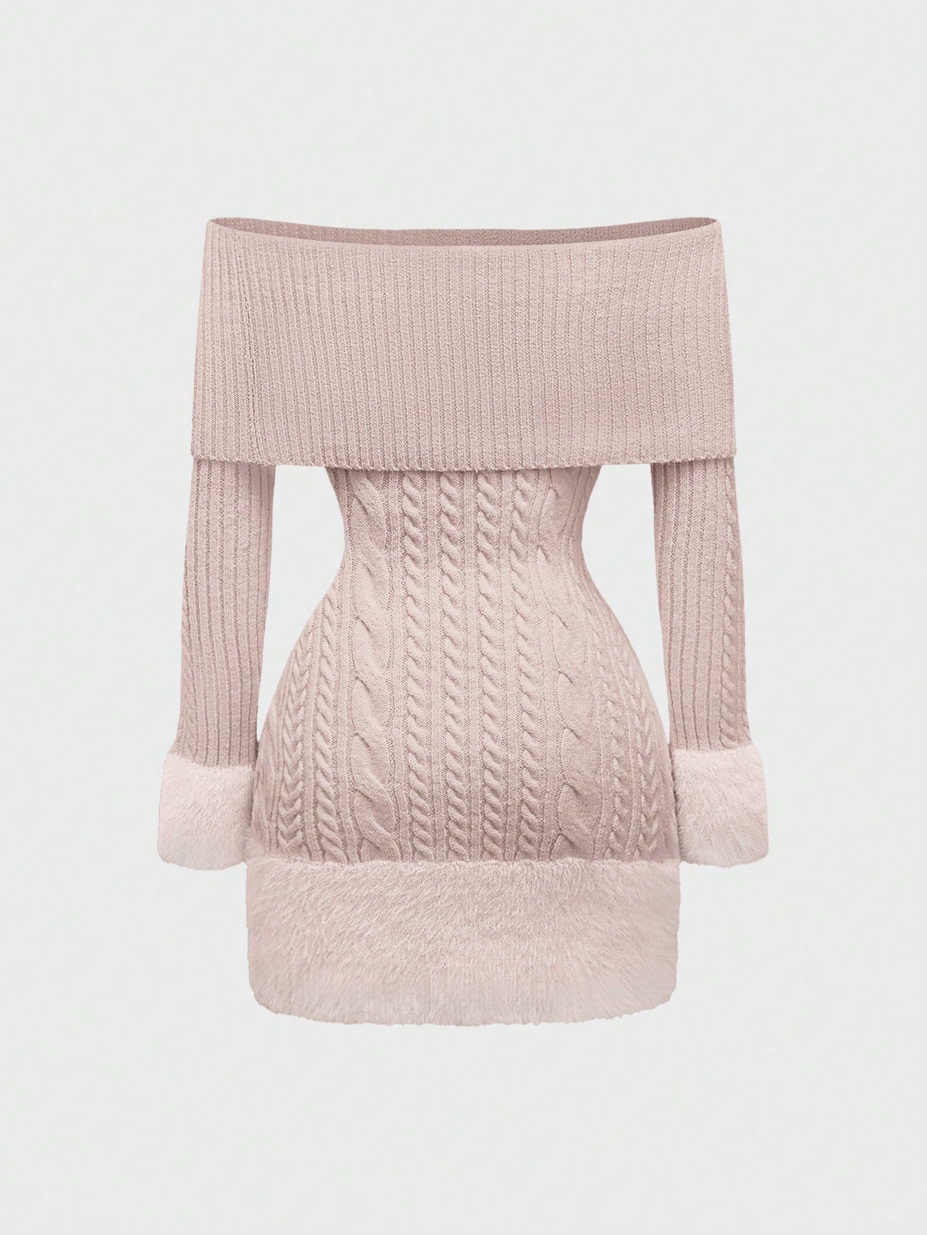 ROMWE Kawaii Vestido de suéter de mujer estilo Himekaji con parches de piel sintética, pompones y decoración colgante, con hombros descubiertos para el Día de San Valentín