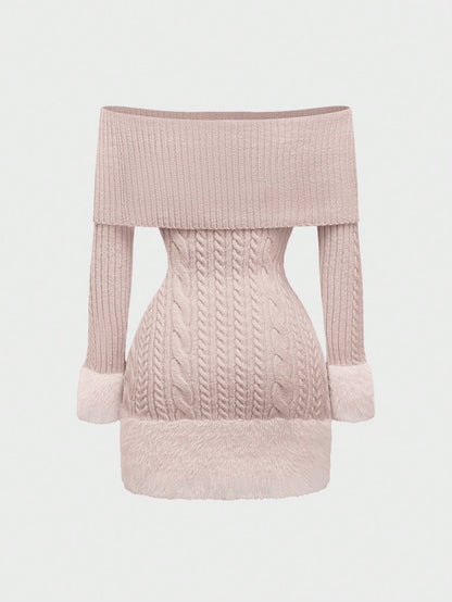 ROMWE Kawaii Vestido de suéter de mujer estilo Himekaji con parches de piel sintética, pompones y decoración colgante, con hombros descubiertos para el Día de San Valentín