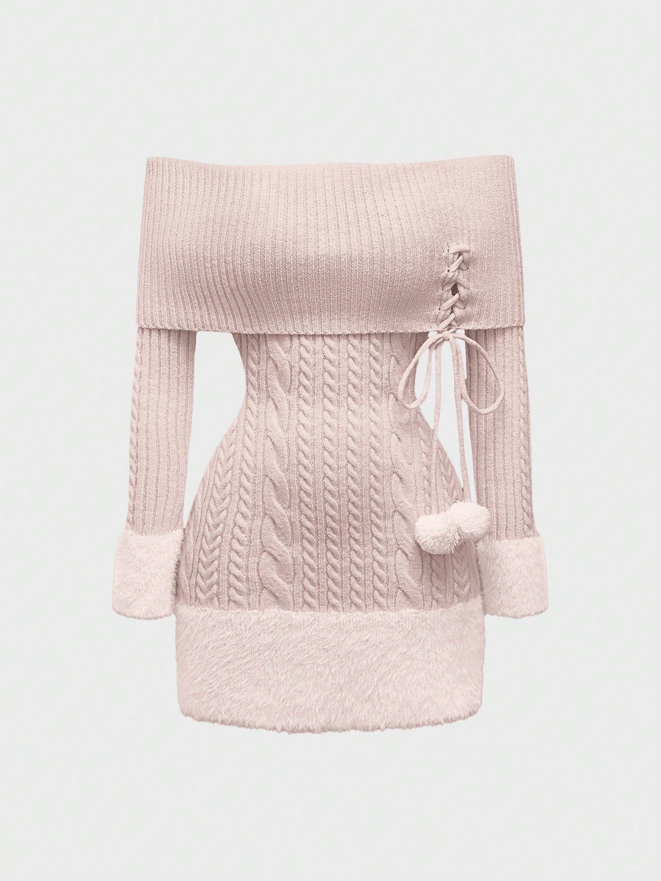 ROMWE Kawaii Vestido de suéter de mujer estilo Himekaji con parches de piel sintética, pompones y decoración colgante, con hombros descubiertos para el Día de San Valentín