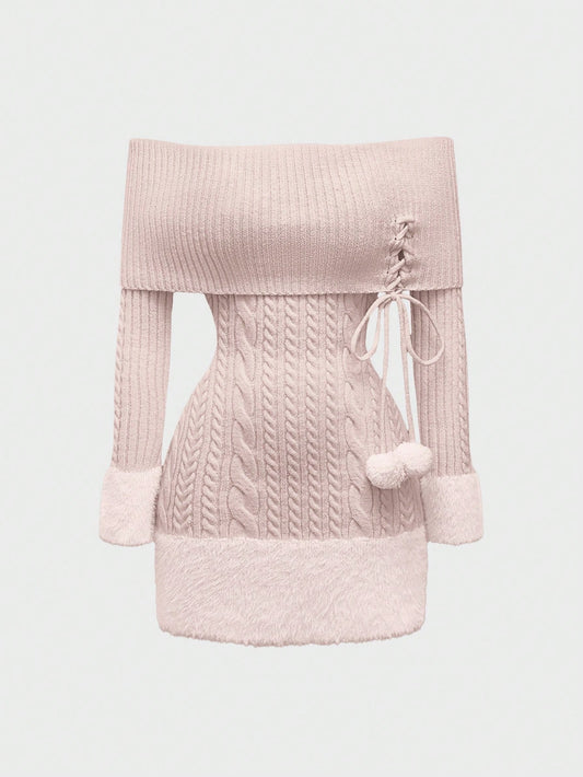 ROMWE Kawaii Vestido de suéter de mujer estilo Himekaji con parches de piel sintética, pompones y decoración colgante, con hombros descubiertos para el Día de San Valentín