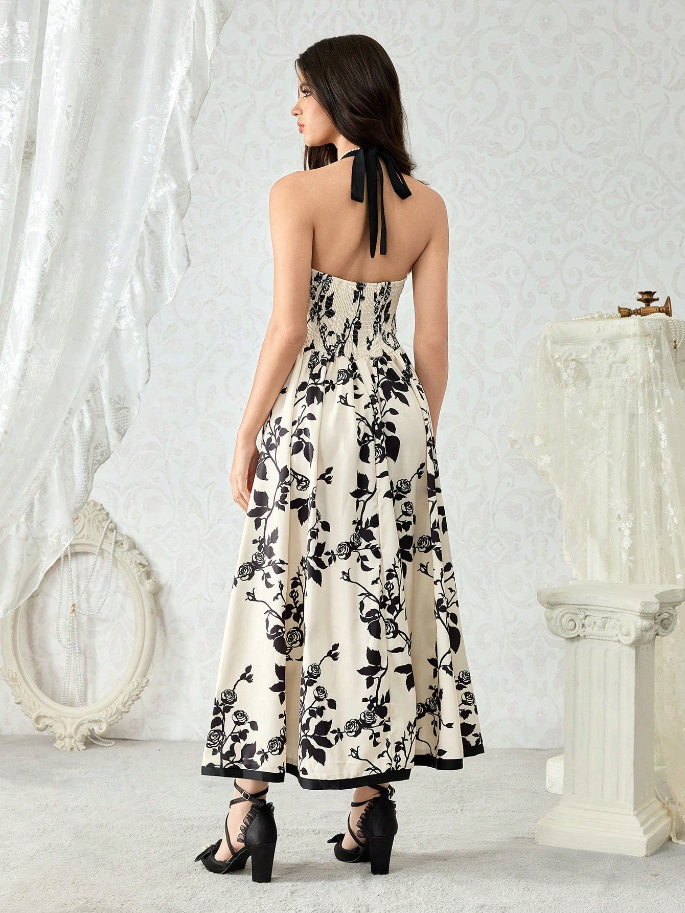 ROMWE Kawaii Vestido maxi con estampado floral de rosa en estilo de palacio retro