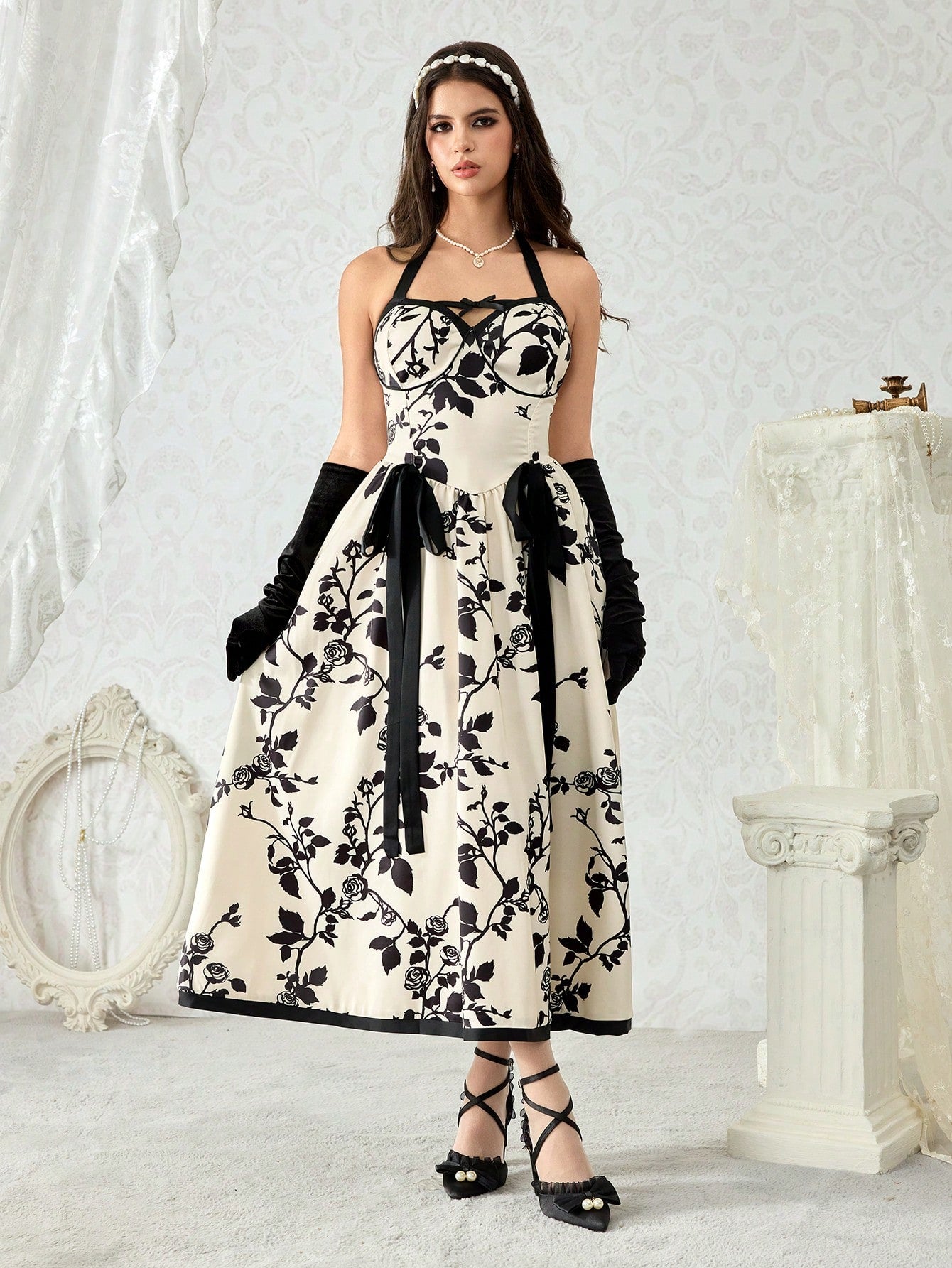 ROMWE Kawaii Vestido maxi con estampado floral de rosa en estilo de palacio retro