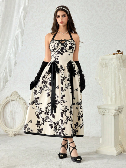 ROMWE Kawaii Vestido maxi con estampado floral de rosa en estilo de palacio retro