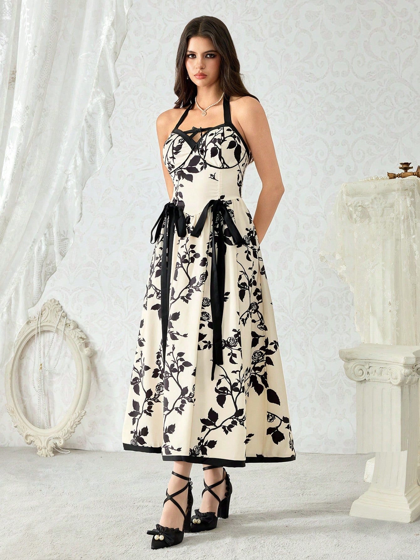 ROMWE Kawaii Vestido maxi con estampado floral de rosa en estilo de palacio retro