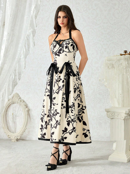 ROMWE Kawaii Vestido maxi con estampado floral de rosa en estilo de palacio retro