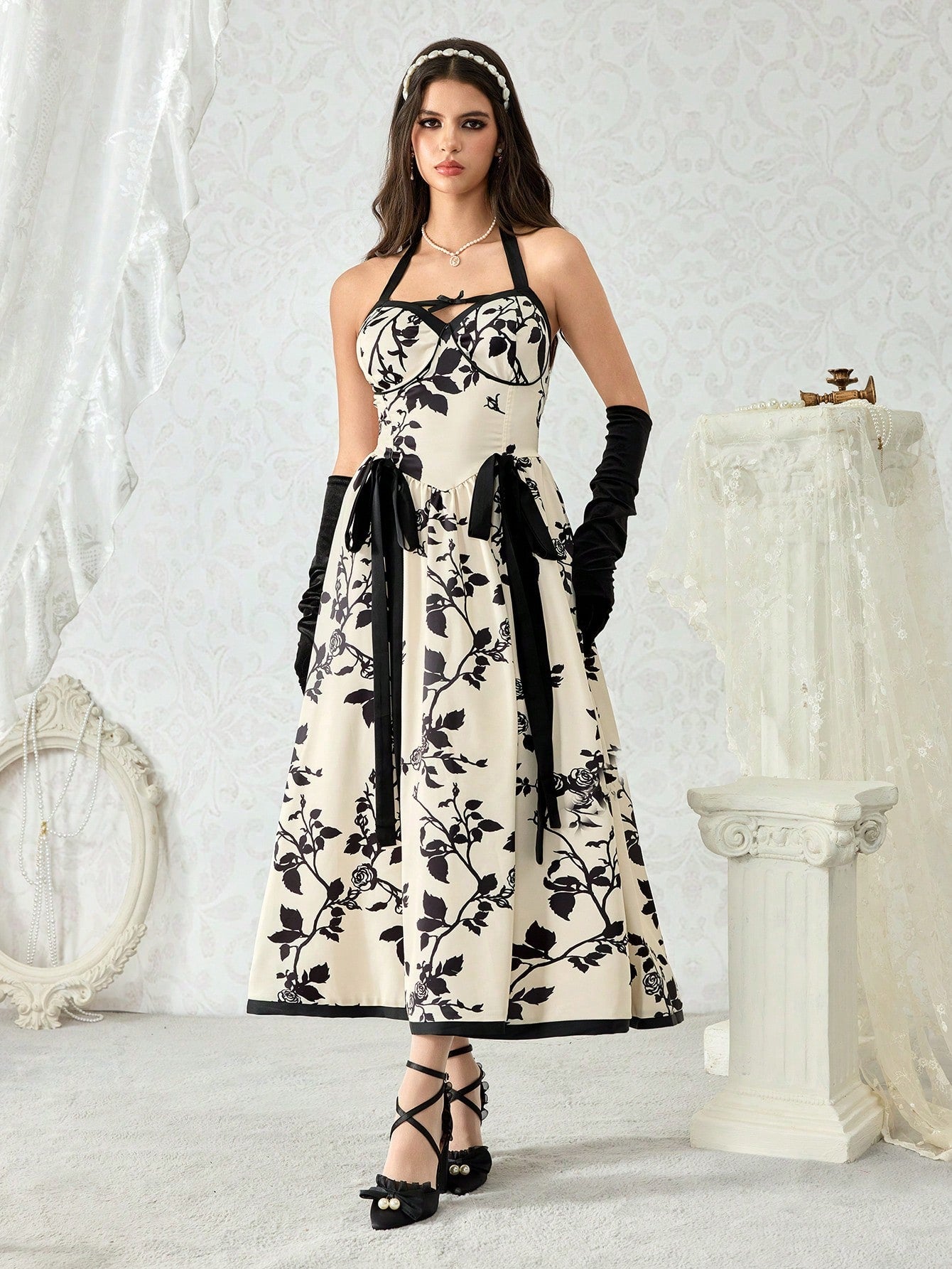 ROMWE Kawaii Vestido maxi con estampado floral de rosa en estilo de palacio retro