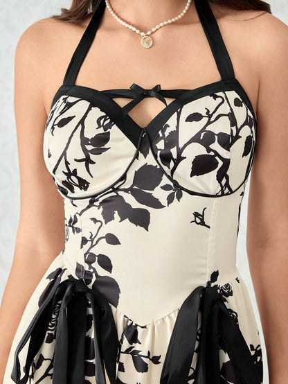 ROMWE Kawaii Vestido maxi con estampado floral de rosa en estilo de palacio retro