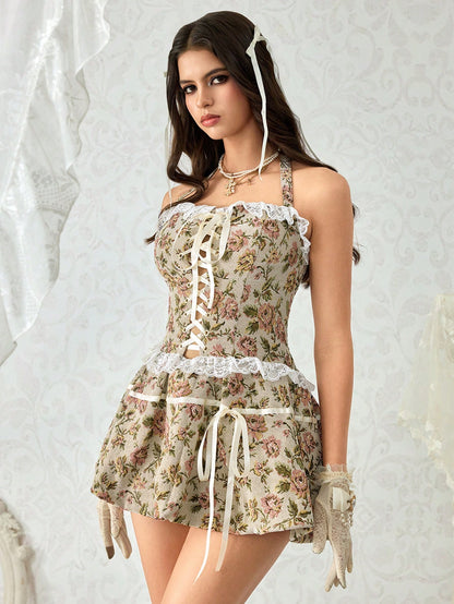 ROMWE Kawaii Vestido mini con corsé acharolado con detalles de corbata